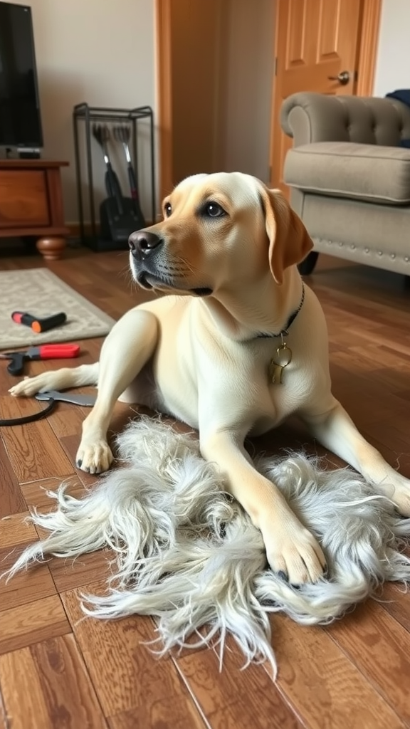 A Labrador lying on a floor with fur around, showing a relaxed demeanor.