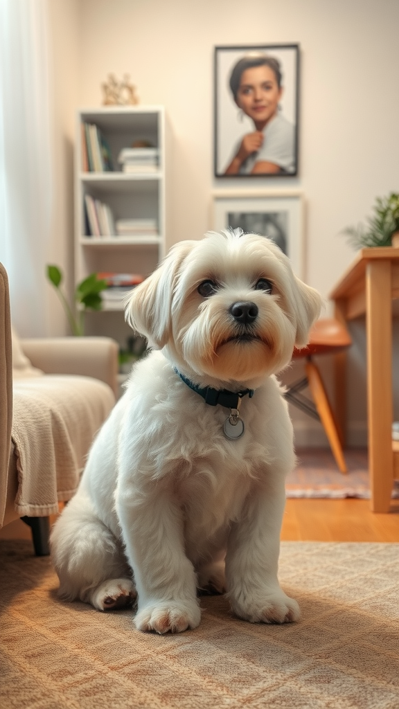 A small, fluffy Maltese dog sitting on a rug in a cozy living room.