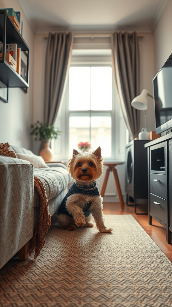 A Yorkie sitting in a cozy living room, showcasing its small size and adaptability.