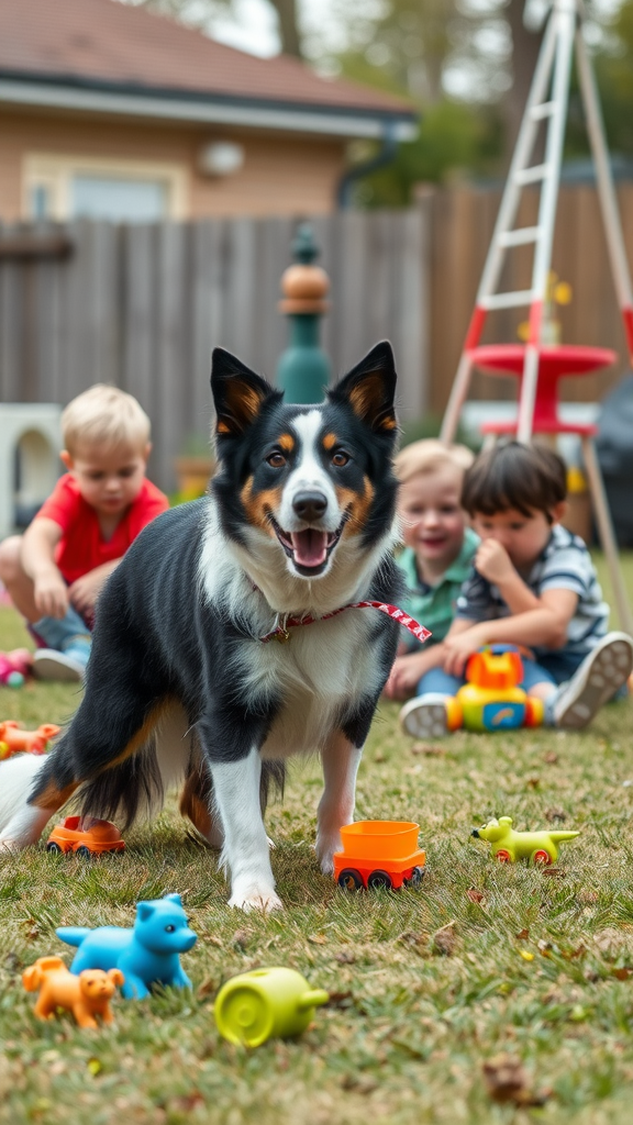 A Border Collie playing with children in a backyard filled with toys.