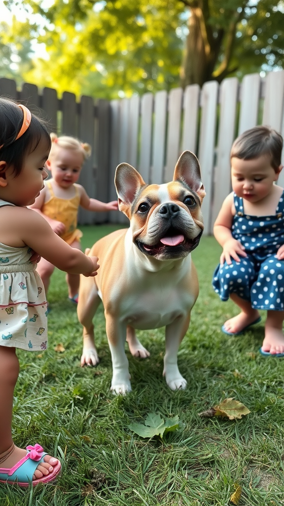 A French Bulldog surrounded by toddlers in a sunny backyard