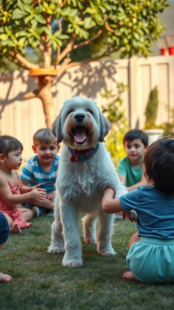 A Maltese dog surrounded by children in a playful outdoor setting.