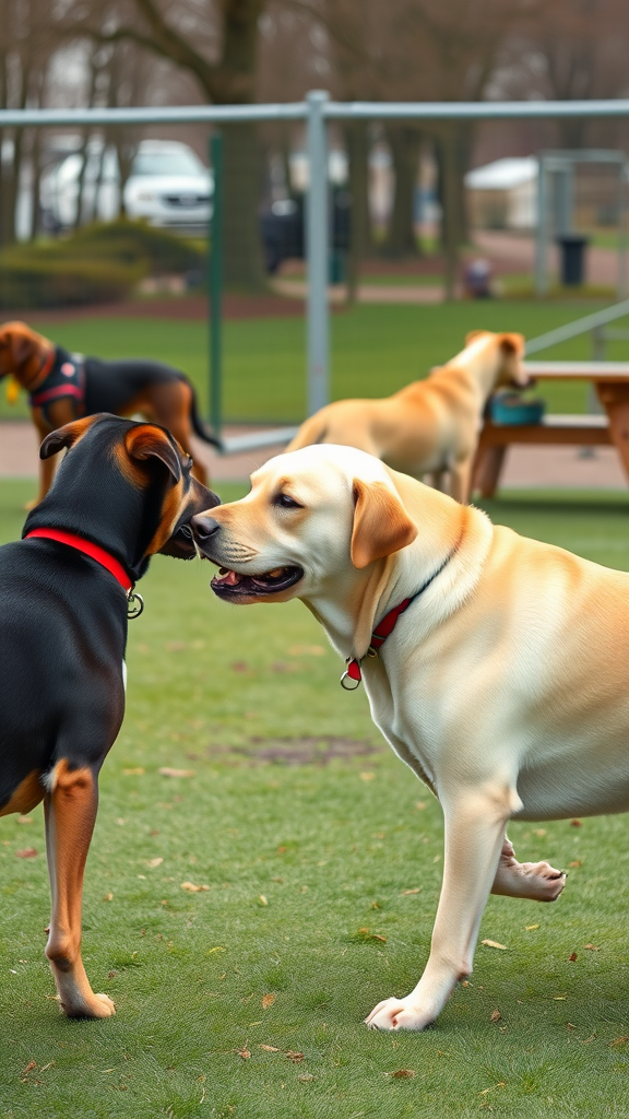 Two dogs interacting in a park, with other dogs in the background.