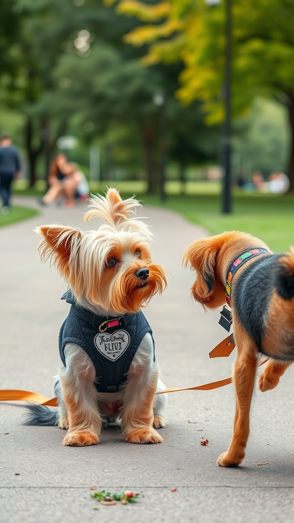 Two small dogs interacting in a park setting.