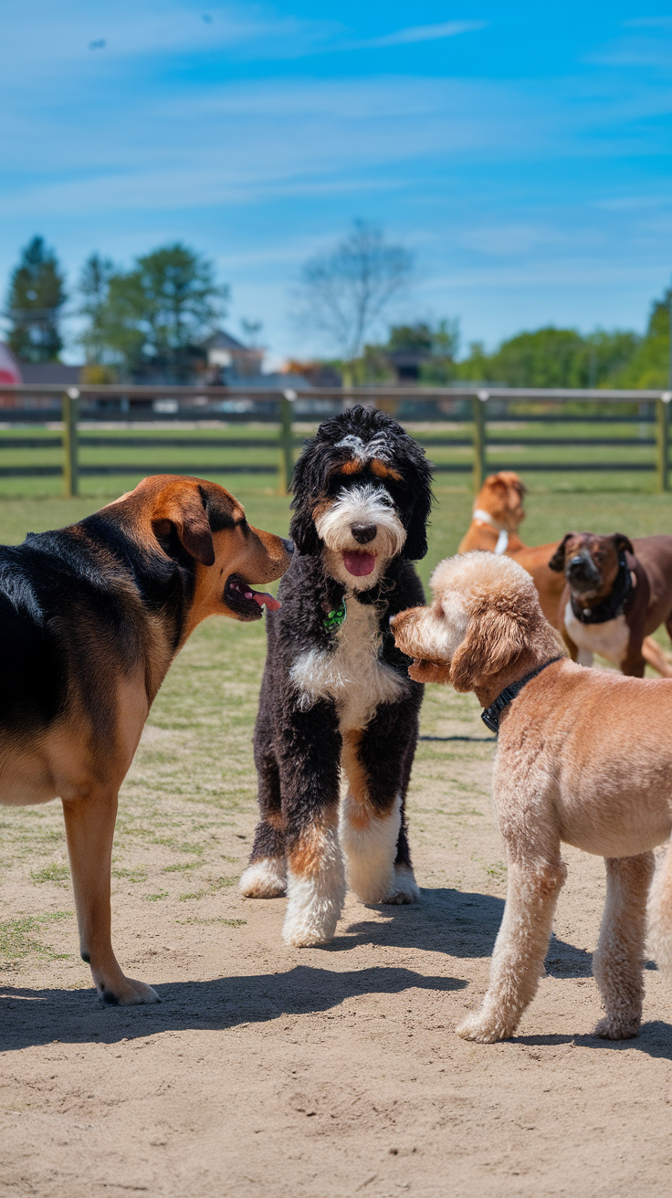 A Bernedoodle interacting with other dogs in a park