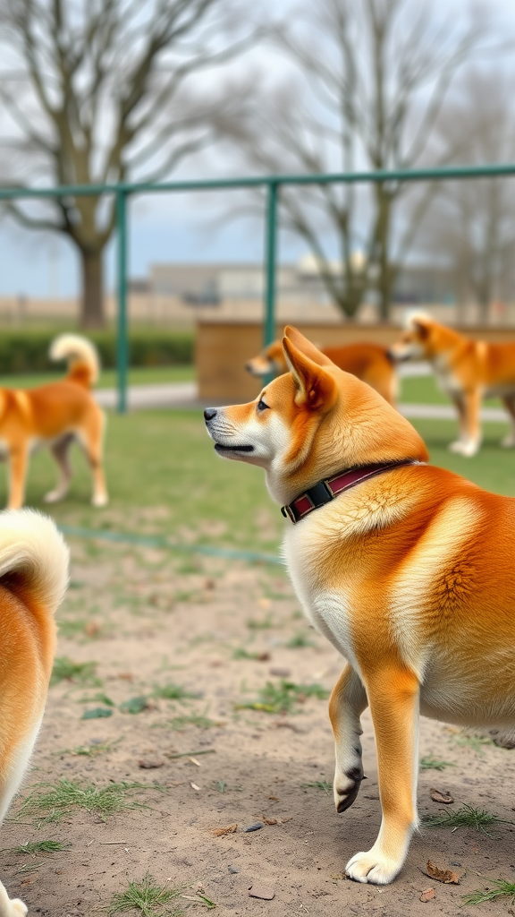 A group of Shiba Inus playing in a park.