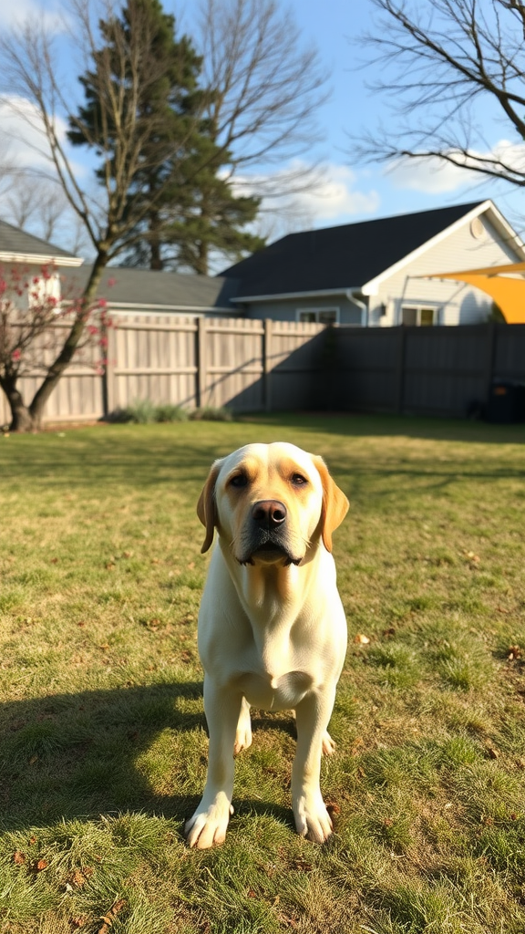 A Labrador standing in a grassy yard with trees and a house in the background.