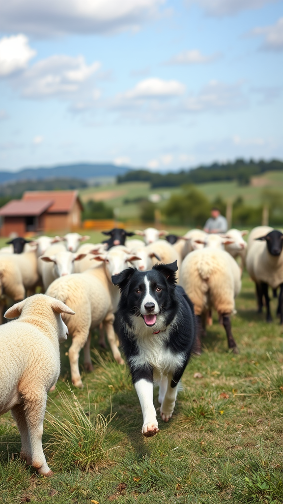 A Border Collie herding sheep in a scenic landscape.