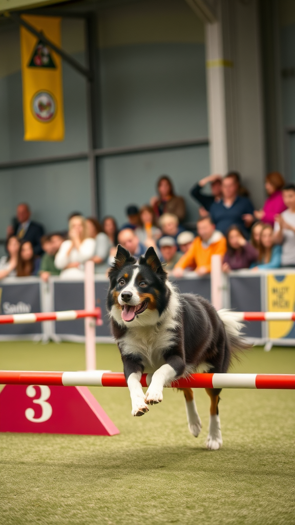 A Border Collie jumping over a hurdle during a dog sports competition.