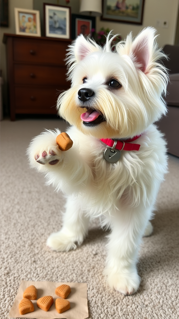 A Maltese dog holding a treat, looking playful and attentive in a cozy living room.