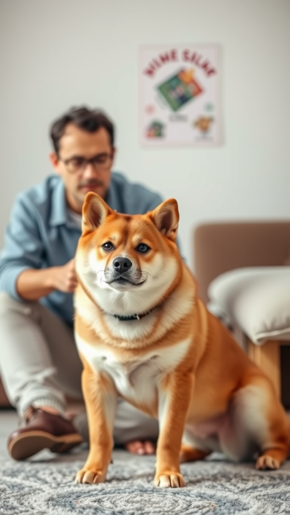 A woman looking concerned while interacting with a Shiba Inu dog, highlighting the challenges of training this breed.