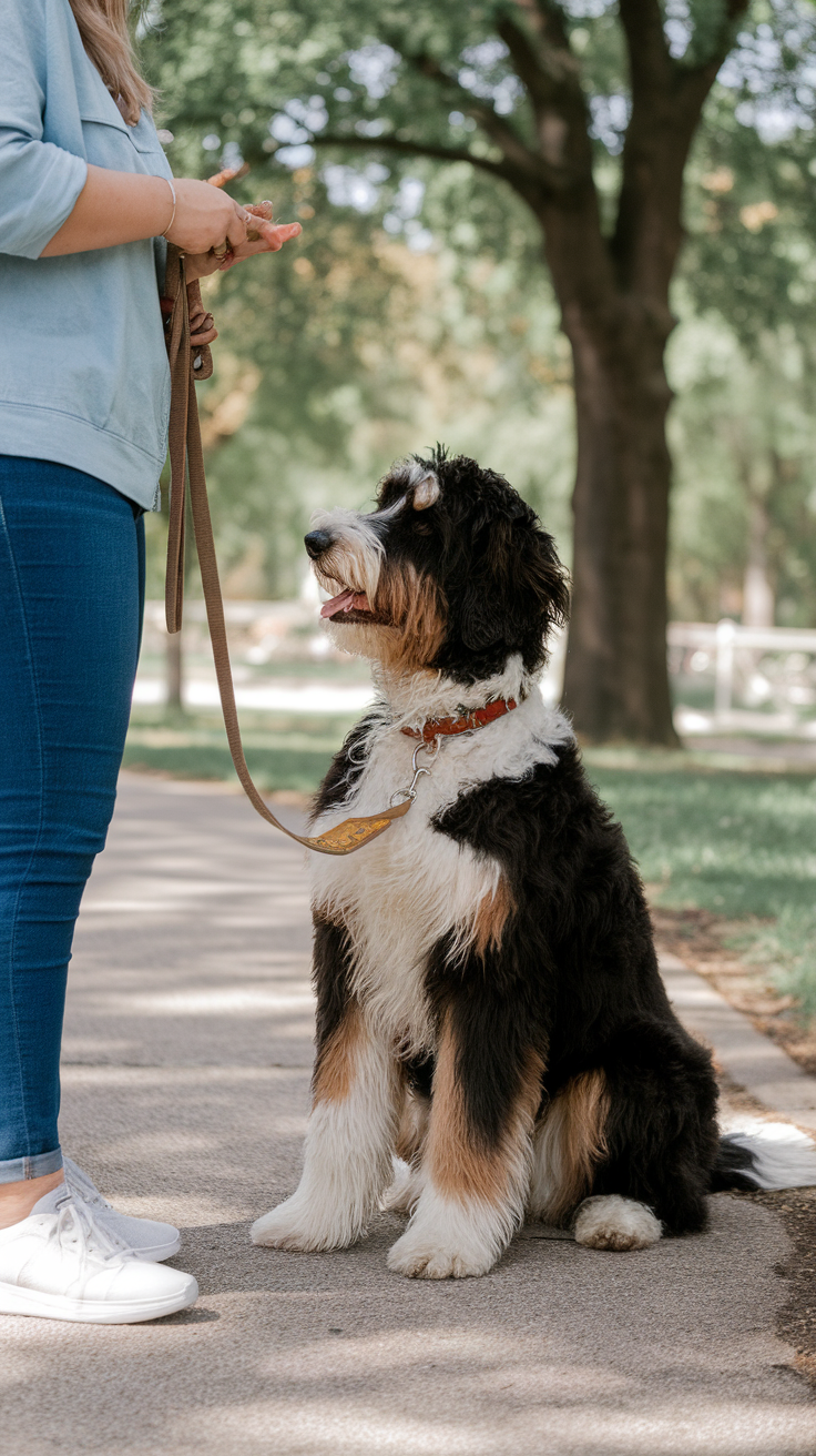 A Bernedoodle sitting beside its owner during a training session in a park.