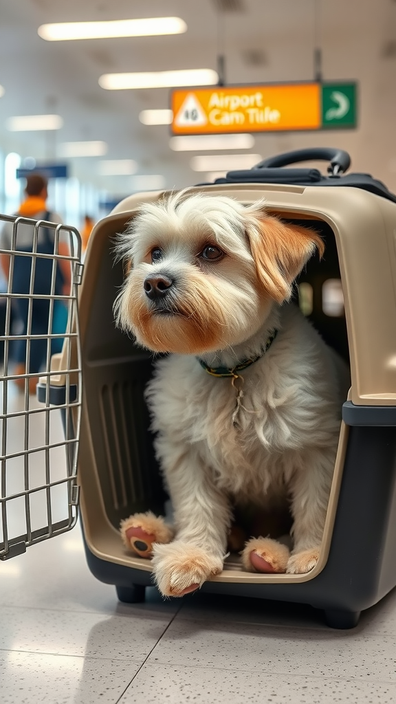 A Maltese dog sitting inside a pet carrier at an airport.