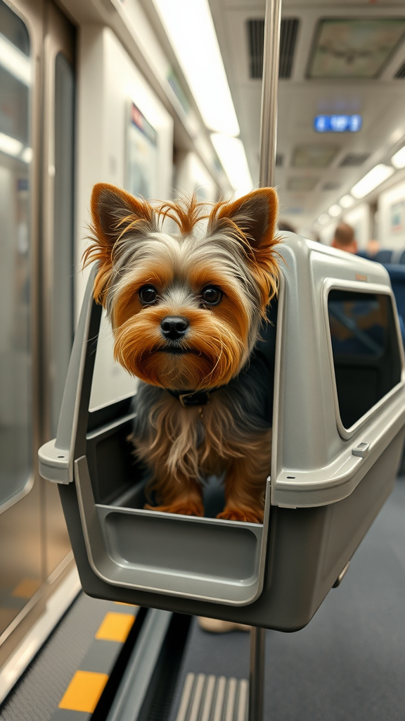 A Yorkie in a pet carrier on a subway, looking cute and ready for travel.