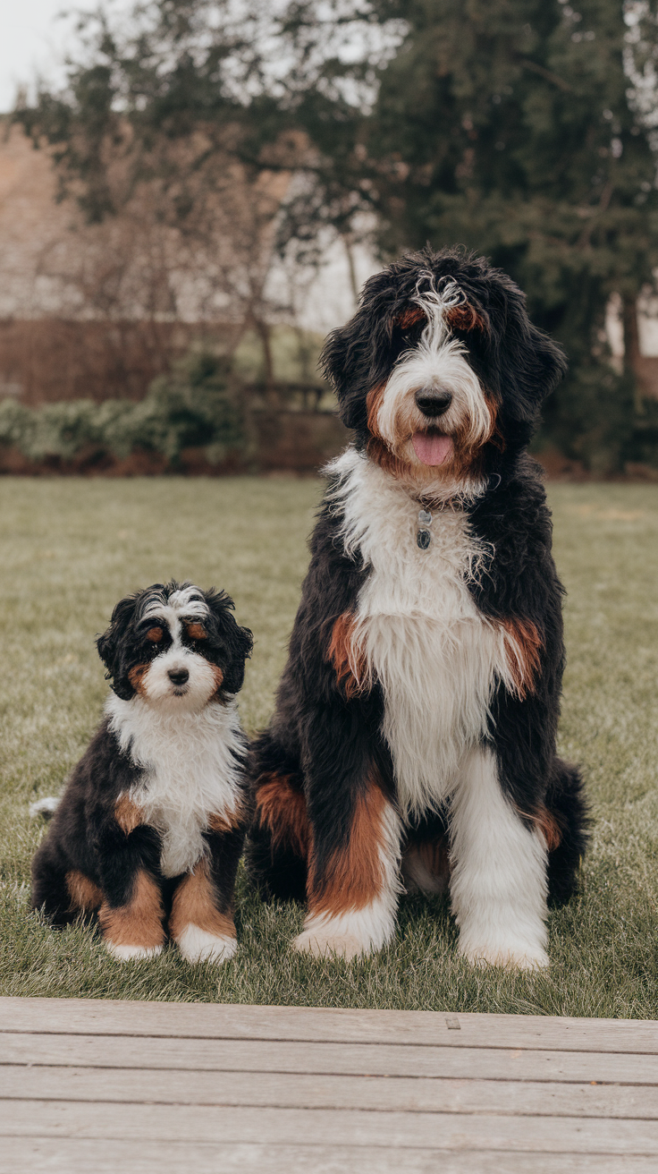 A standard and miniature Bernedoodle sitting together on grass.