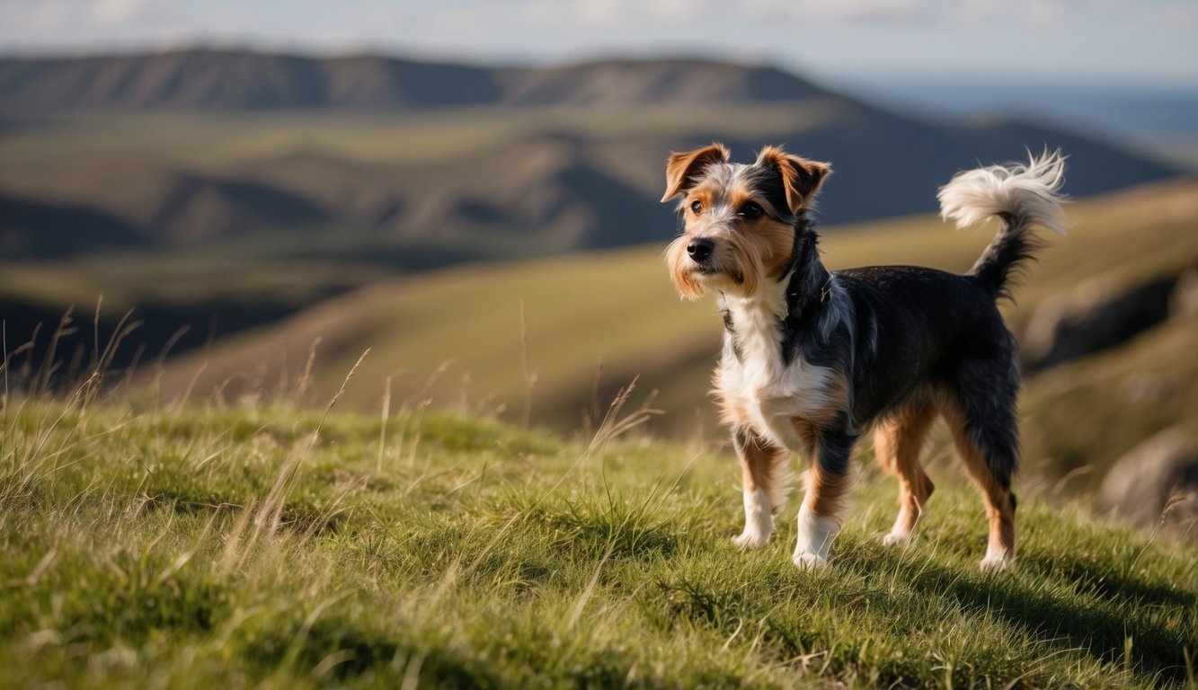 An Australian Terrier stands proudly on a grassy hill, its wiry coat blowing in the wind as it gazes out over a rugged landscape