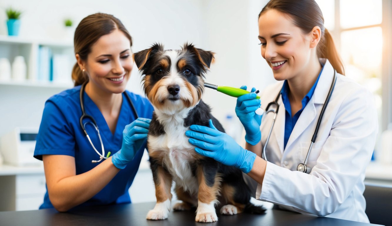 An Australian Terrier receiving grooming and care from a veterinarian in a bright, modern clinic setting