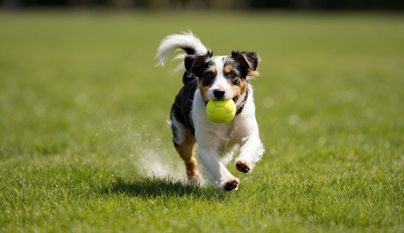 An Australian Terrier running through a grassy field with a ball in its mouth