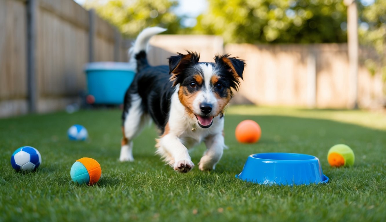 An Australian Terrier playing in a backyard, surrounded by toys and a water bowl