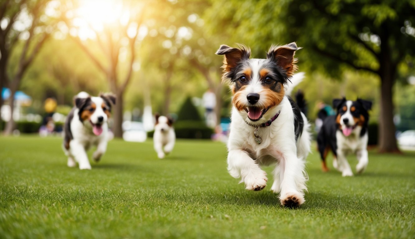 An Australian Terrier playing in a vibrant community park surrounded by trees and other dogs
