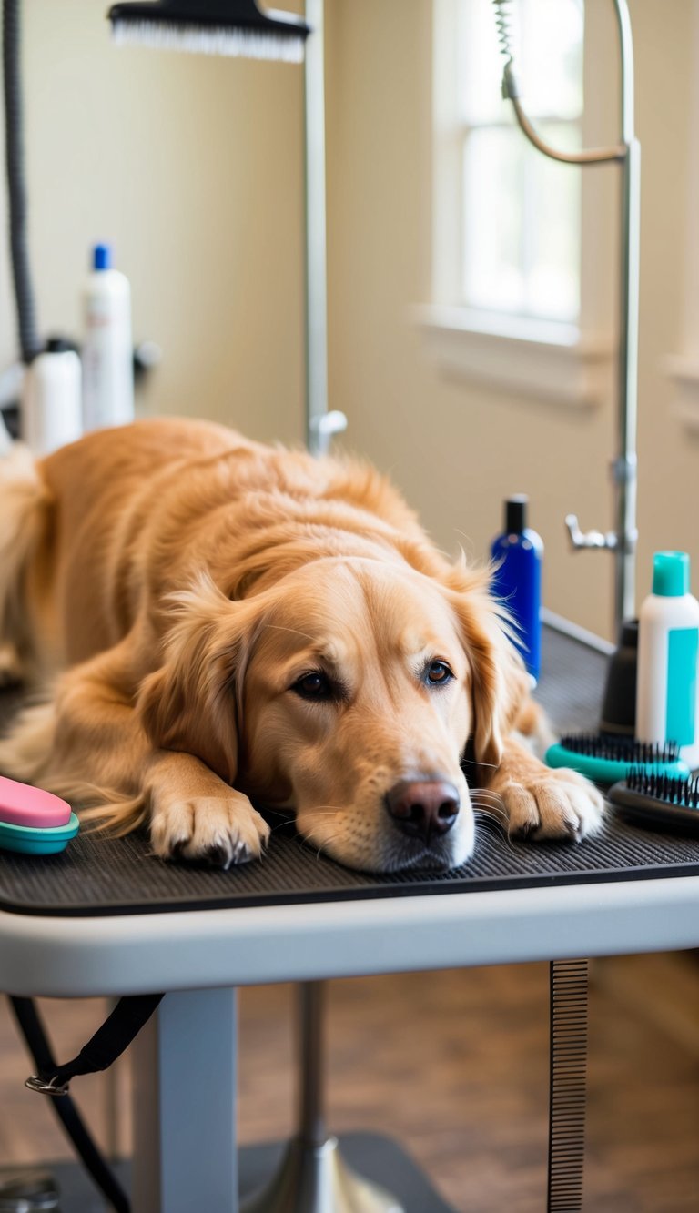 A golden retriever lying on a grooming table, surrounded by brushes, combs, and grooming products. The dog looks content but slightly unkempt, with a few tangles in its fur