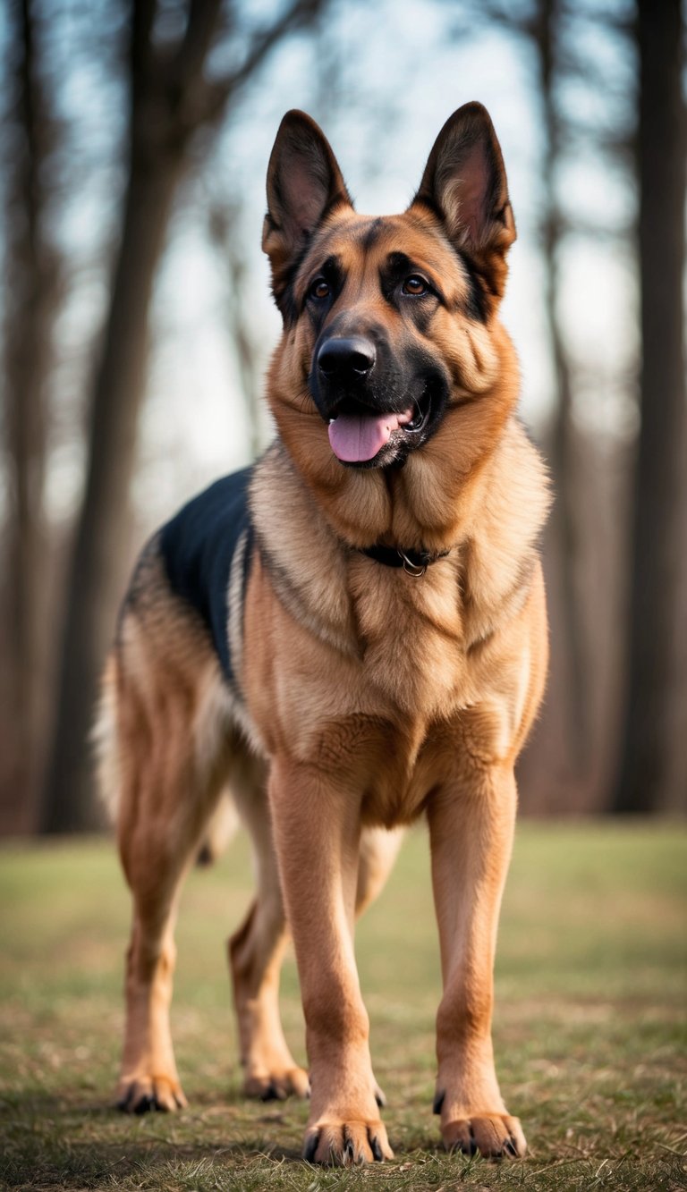 A German Shepherd stands confidently, its alert ears perked up as it surveys its surroundings. Its strong, muscular build exudes a sense of power and intelligence