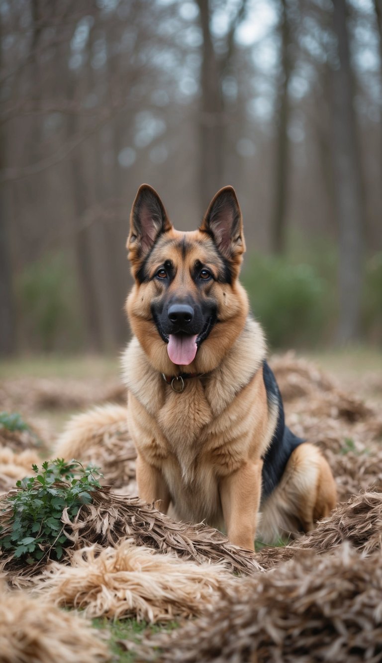 A German Shepherd surrounded by piles of shedding fur in a spring or fall setting
