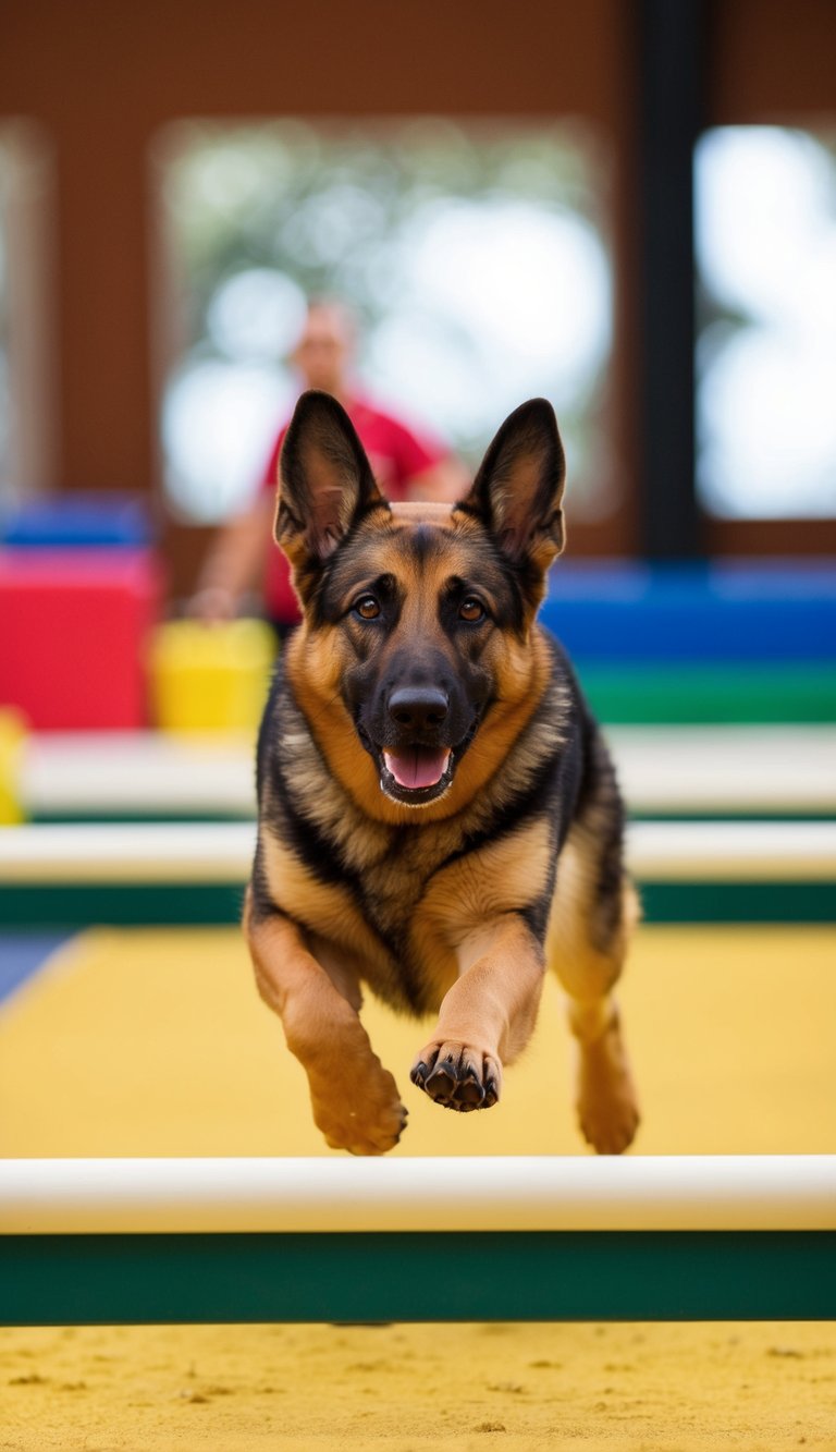 A German Shepherd effortlessly maneuvers through an agility course, showcasing obedience and athleticism