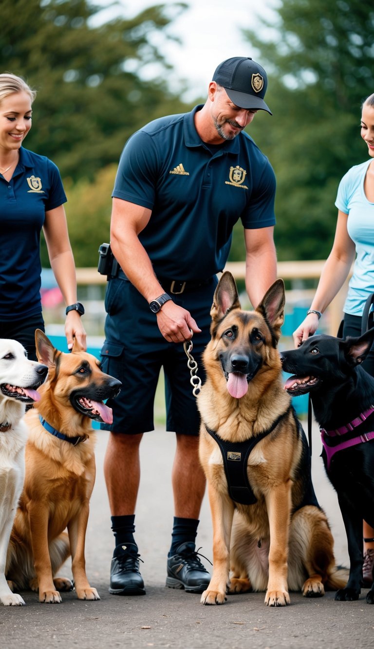 A German Shepherd standing beside a trainer in a dog park, surrounded by other dogs and their owners. The Shepherd is confidently following commands and interacting positively with the other dogs