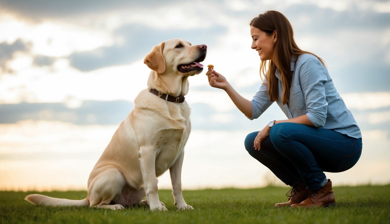A Labrador Retriever sitting obediently while its owner rewards it with a treat. The dog's tail wags happily as it focuses on the training session