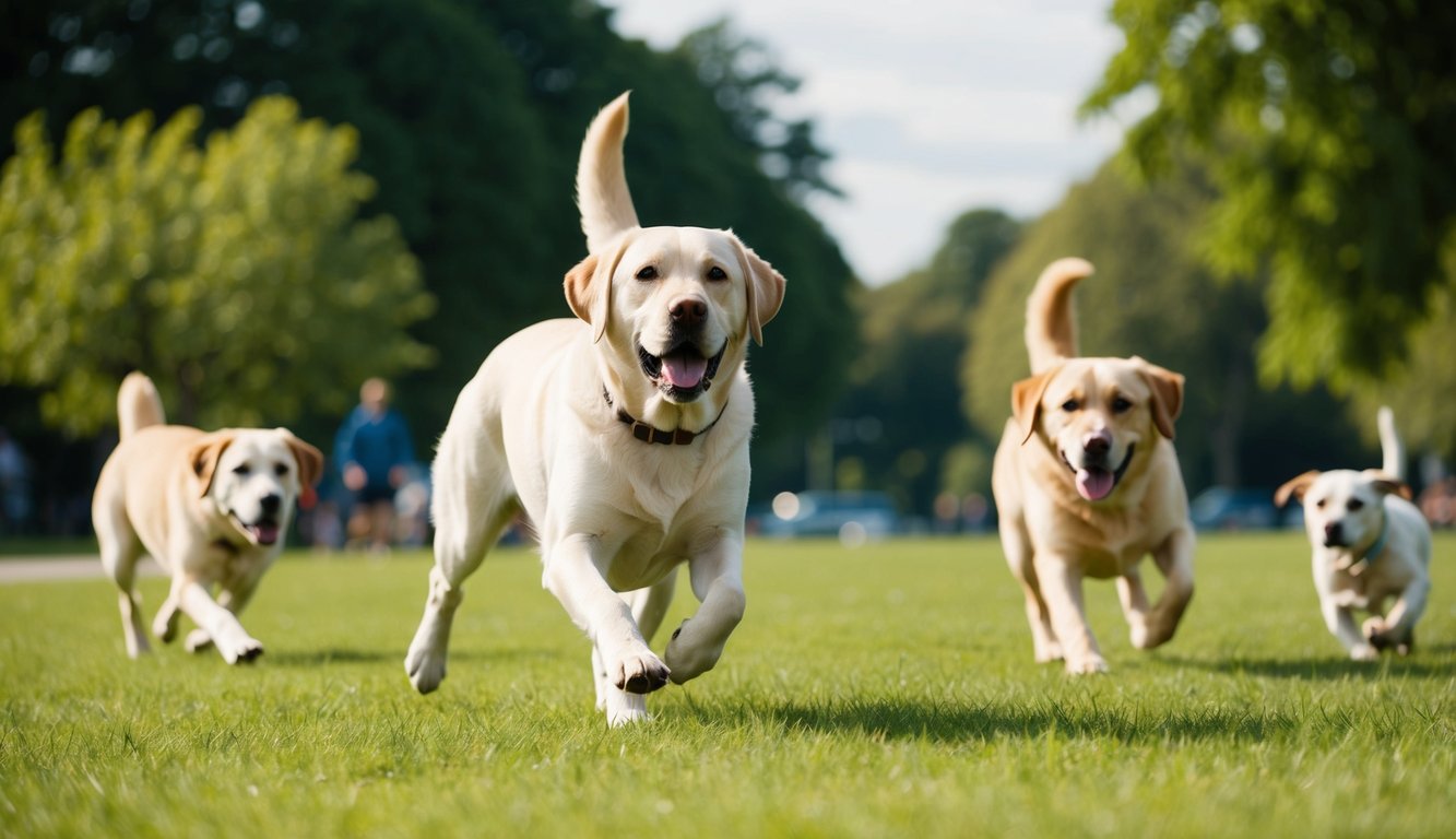 A Labrador Retriever running in a park, playing fetch with its owner, surrounded by greenery and other dogs