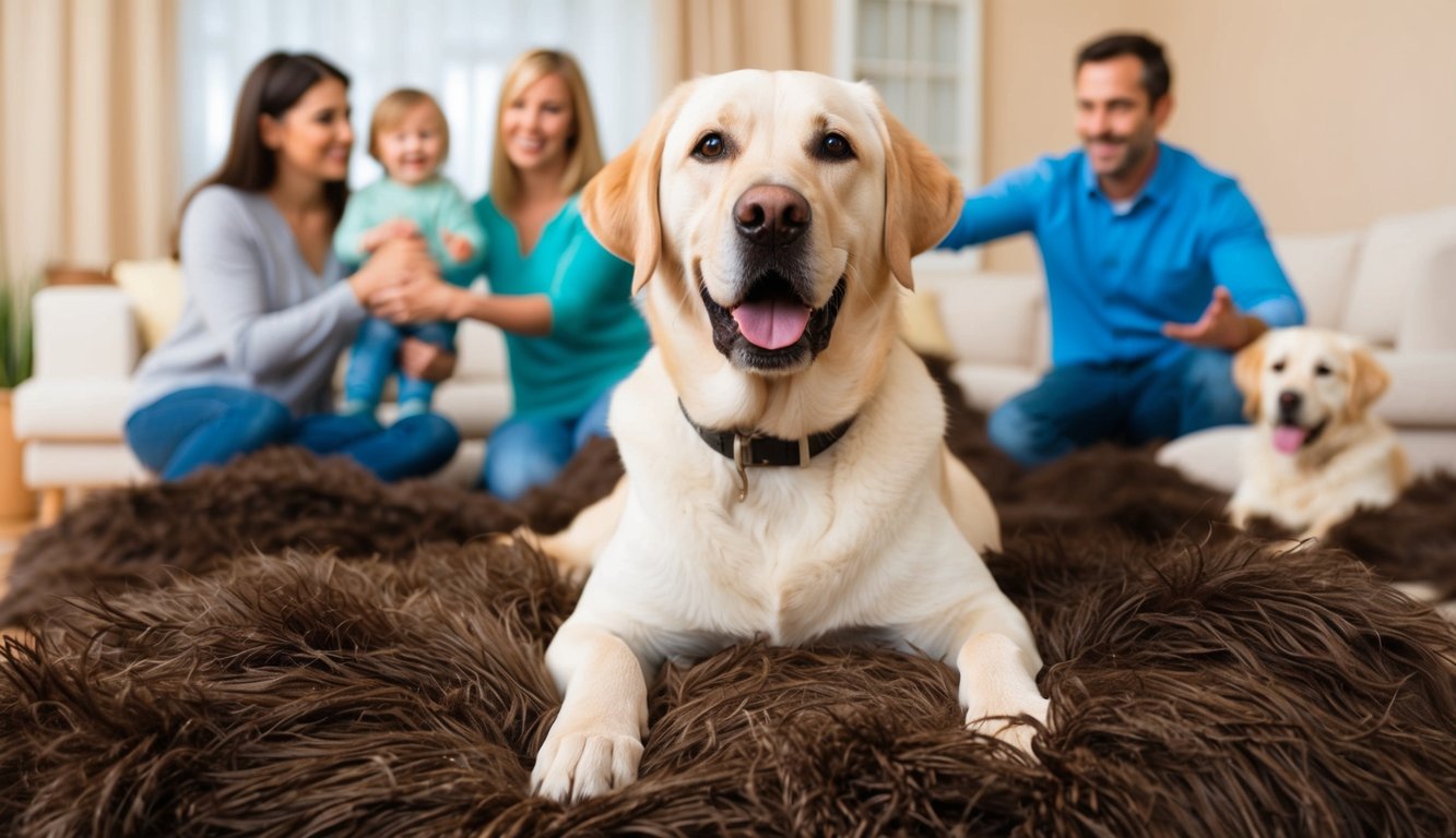 A Labrador Retriever surrounded by piles of fur, with a happy family playing in the background