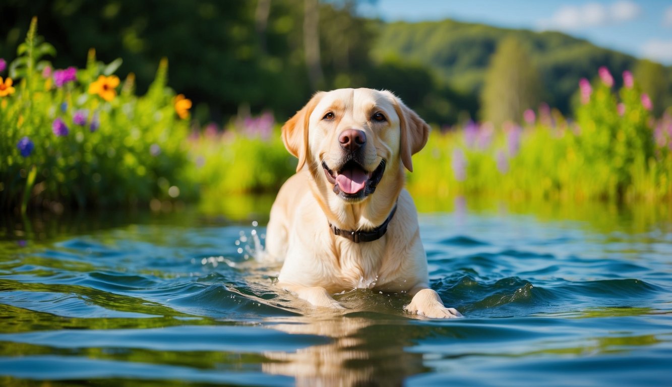 A Labrador retriever joyfully swims in a serene, sunlit lake surrounded by lush greenery and colorful flowers