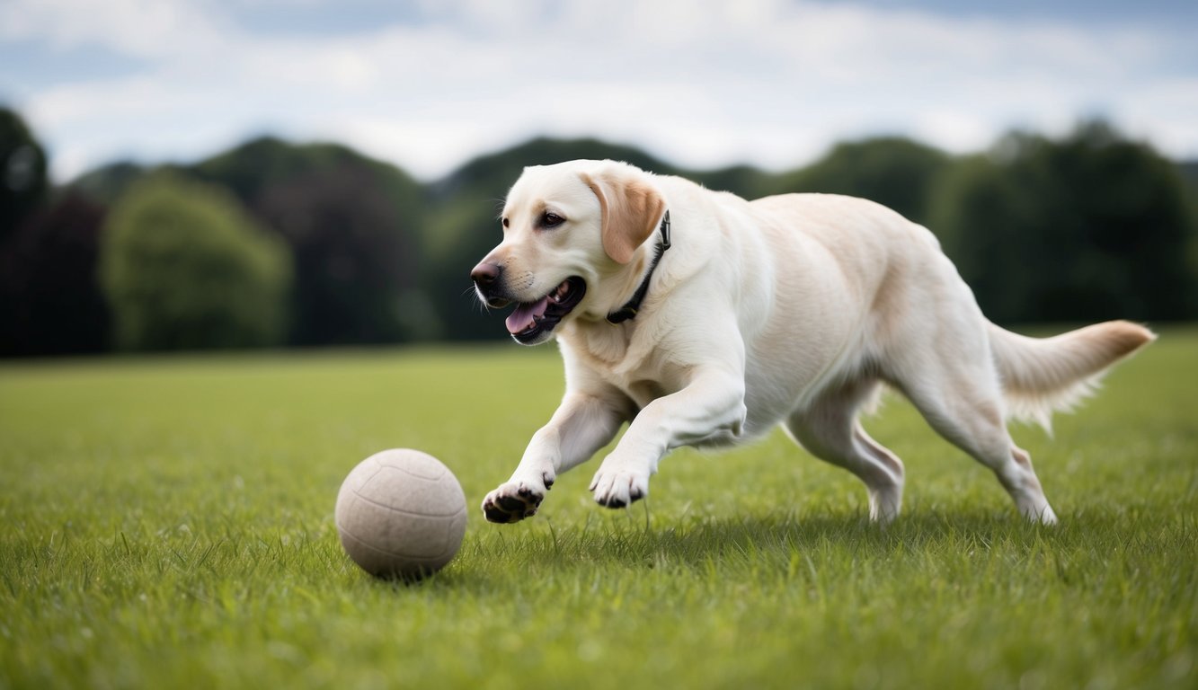 A Labrador Retriever eagerly fetching a ball from a grassy field, tail wagging and eyes focused on the prize