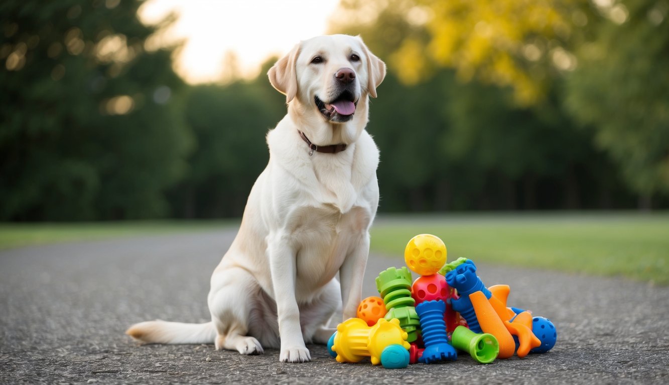 A Labrador Retriever sitting obediently beside a pile of chewed-up toys, with a wagging tail and a hopeful expression