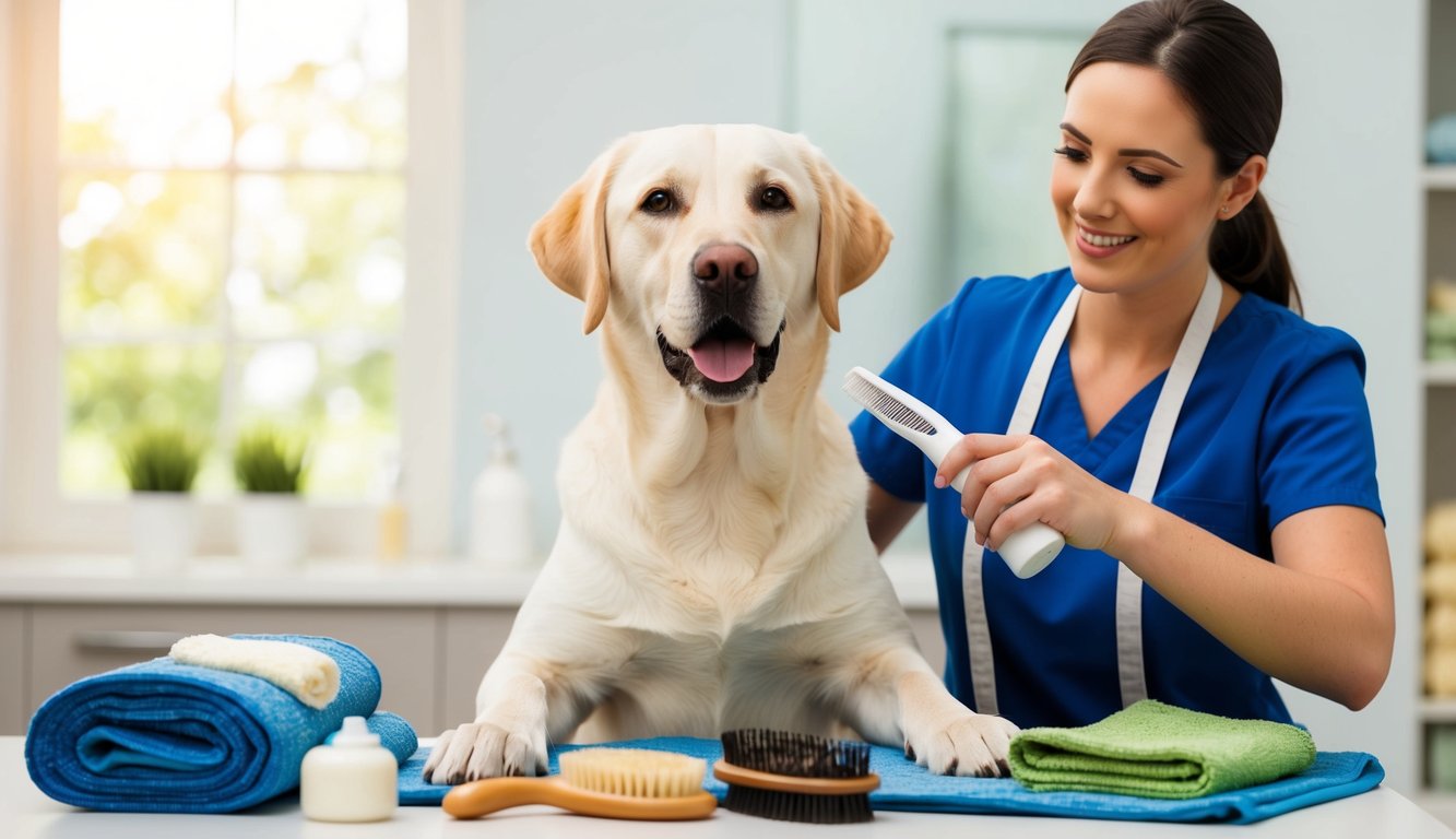 A Labrador retriever being groomed by its owner, surrounded by brushes, shampoo, and towels