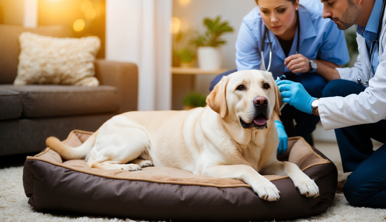 A Labrador Retriever lying on a cozy dog bed, with a concerned owner looking over and a vet examining the dog