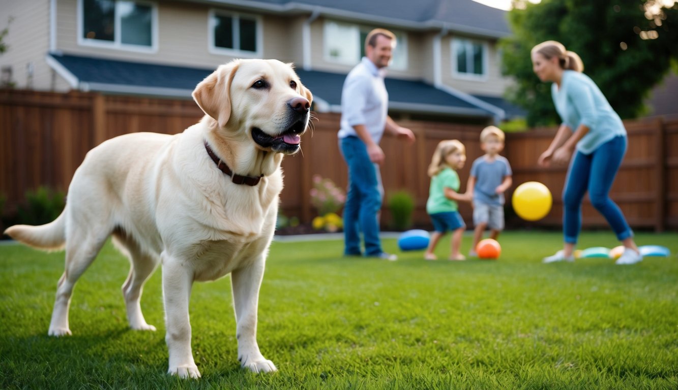 A Labrador Retriever stands alert in a suburban backyard, ears perked and tail wagging, watching over a family playing in the yard