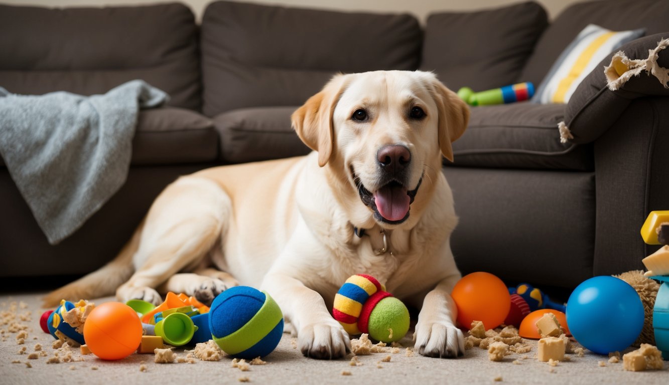 A Labrador retriever surrounded by chewed up toys and a torn-up couch, with a mix of happy and guilty expression on its face