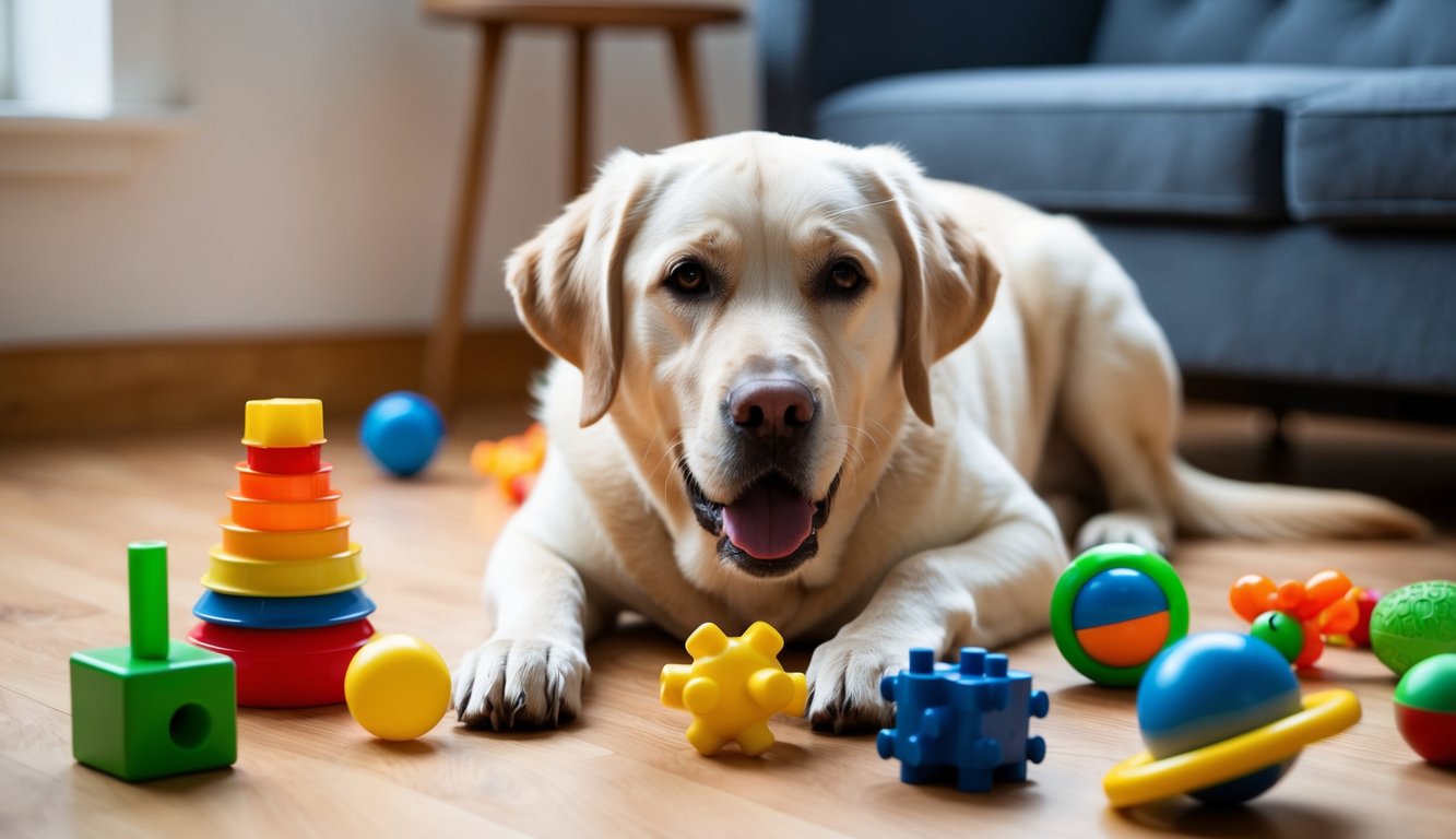 A Labrador retriever surrounded by toys and puzzle games, looking engaged and focused on solving a mental stimulation activity
