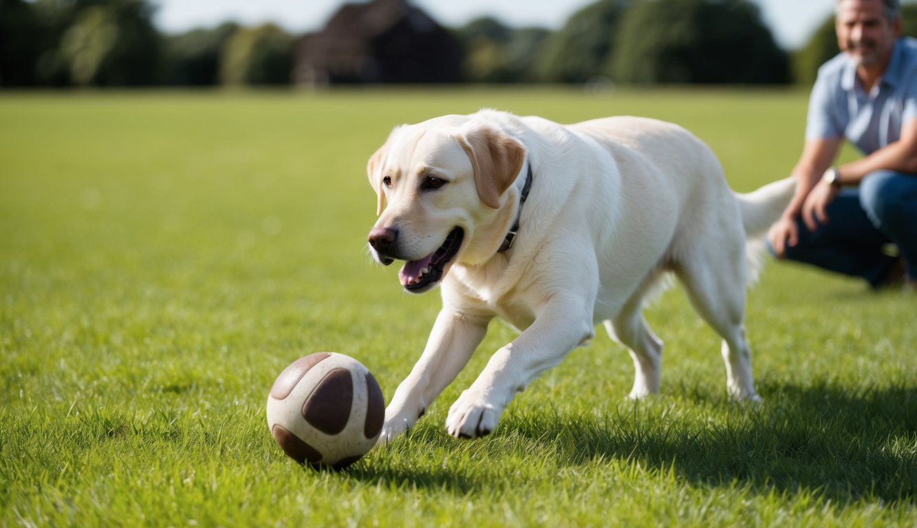 A Labrador Retriever eagerly fetching a ball in a grassy field, while its owner watches with a smile