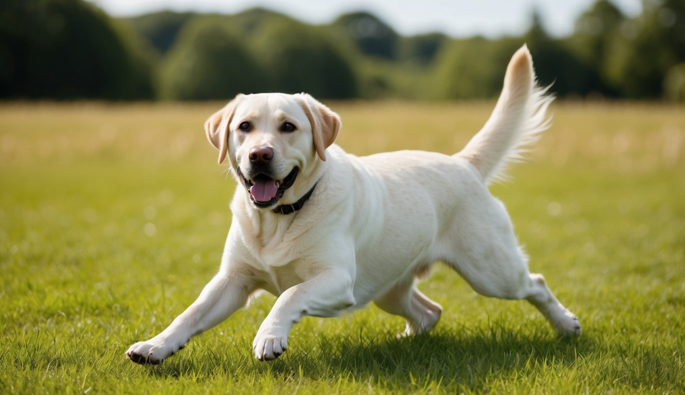A happy Labrador retriever playing in a grassy field, with a shiny coat and bright eyes, showcasing the pros of owning a healthy and energetic dog