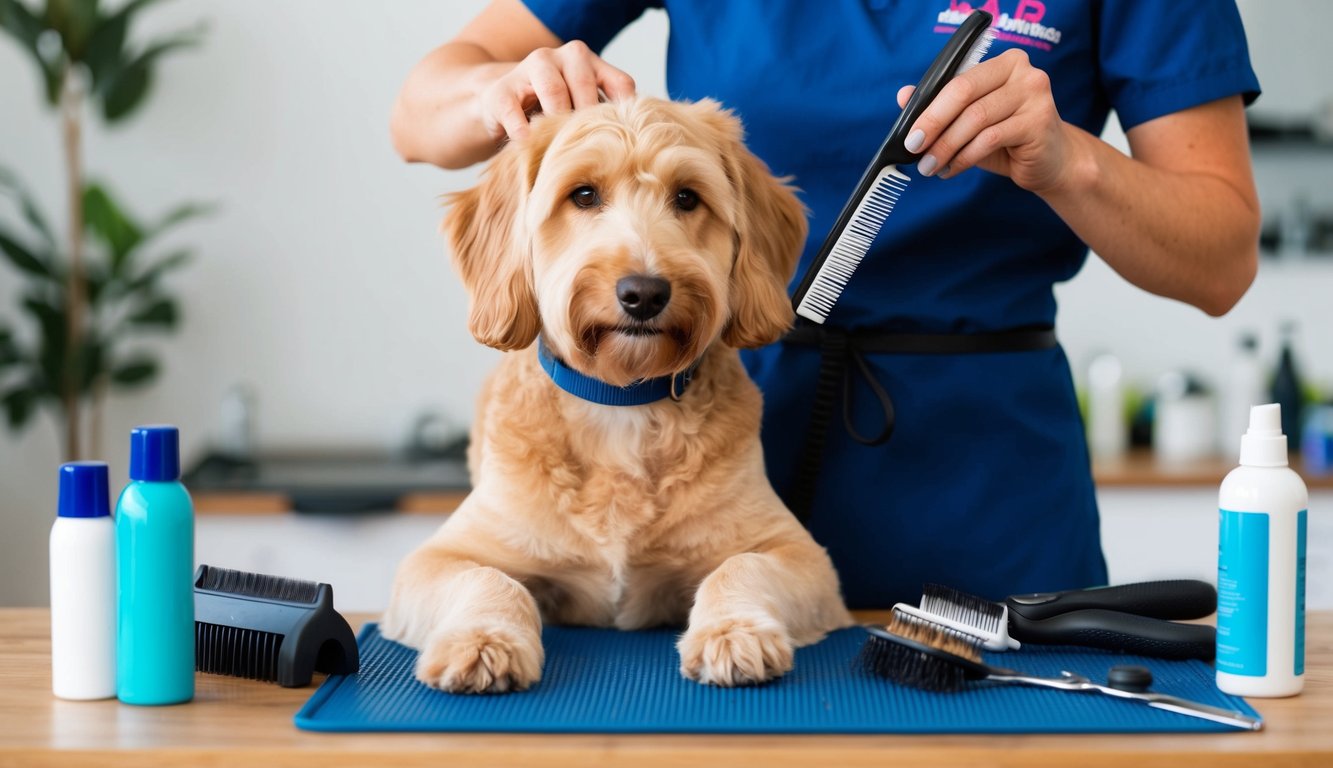 A Labradoodle being groomed by a professional, surrounded by grooming tools and products. The dog looks content while being brushed and trimmed