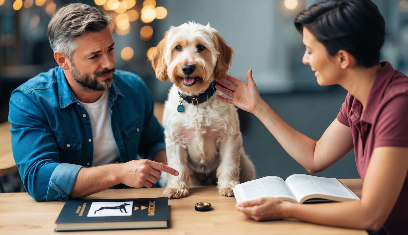 A Labradoodle sits attentively, learning commands from its owner. A book on dog training lies open nearby