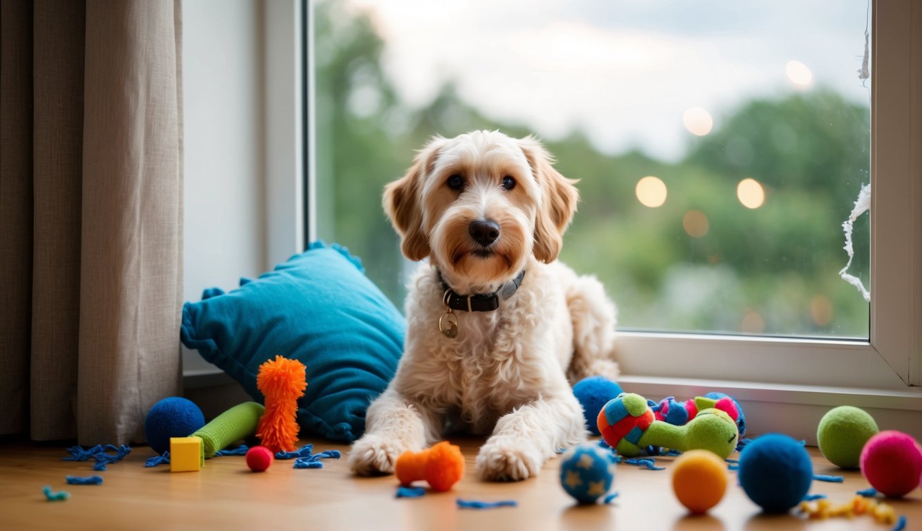 A Labradoodle stares longingly out a window, surrounded by scattered toys and a torn-up pillow