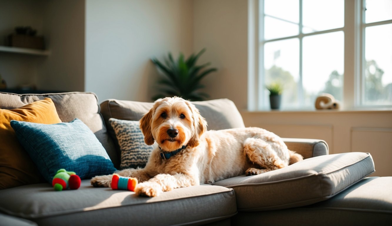 A Labradoodle lounges on a cozy couch, surrounded by toys and a comfy dog bed. The sun streams through a large window, creating a warm and inviting atmosphere