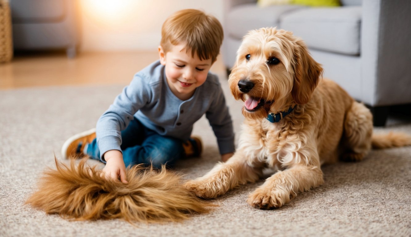 A Labradoodle happily plays with a child, while also shedding fur on the carpet nearby