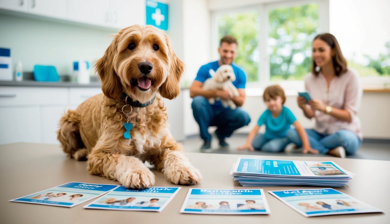 A Labradoodle sits beside a vet clinic, surrounded by pamphlets on health issues. A happy family plays in the background