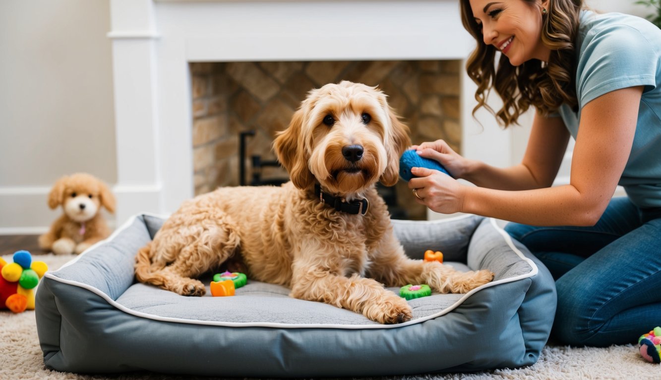 A Labradoodle lounges on a plush dog bed, surrounded by toys and treats. Its curly coat is being brushed by a doting owner, while it gazes adoringly at them