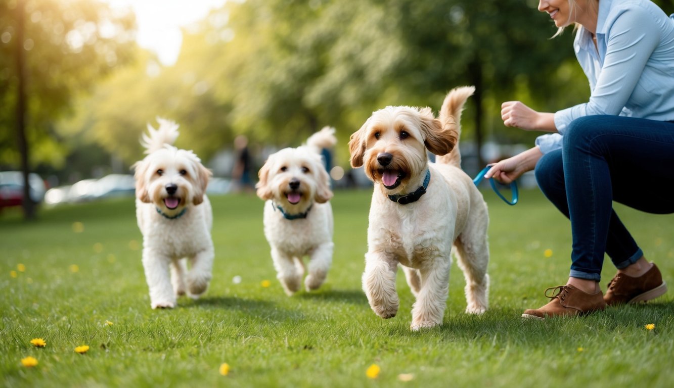 A Labradoodle playing in a park with other dogs, wagging its tail and socializing with its owner